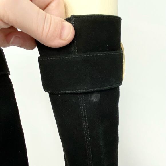 Tory Burch Black Suede Knee-High Riding Boots 7.5 Gold Logo Detail - Picture 5 of 9